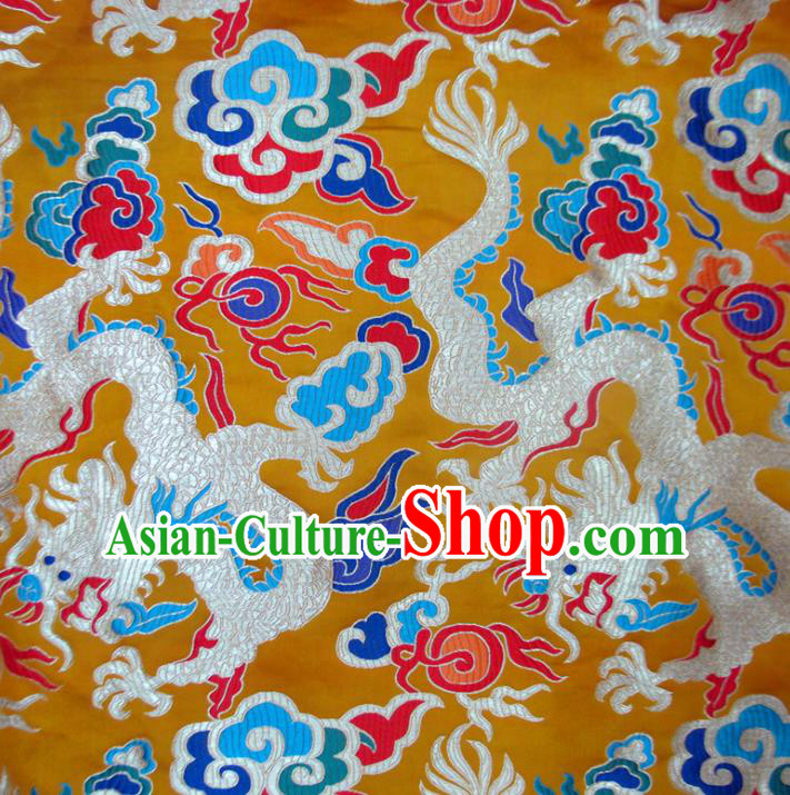 Chinese Traditional Costume Royal Palace Dragon Pattern Golden Satin Nanjing Brocade Fabric, Chinese Ancient Clothing Drapery Hanfu Cheongsam Material
