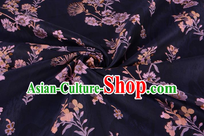 Chinese Traditional Costume Royal Palace Printing Dandelion Pattern Navy Brocade Fabric, Chinese Ancient Clothing Drapery Hanfu Cheongsam Material