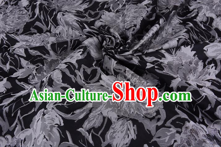 Chinese Traditional Costume Royal Palace Printing Peony Black Satin Brocade Fabric, Chinese Ancient Clothing Drapery Hanfu Cheongsam Material