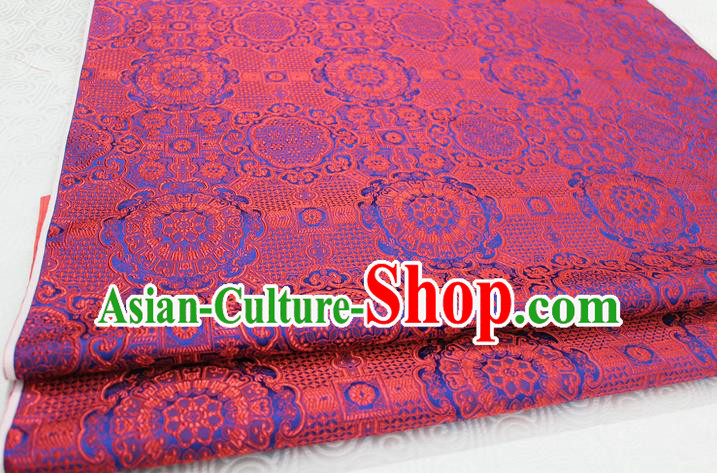 Chinese Traditional Royal Palace Blue Pattern Mongolian Robe Red Brocade Fabric, Chinese Ancient Costume Drapery Hanfu Cheongsam Material