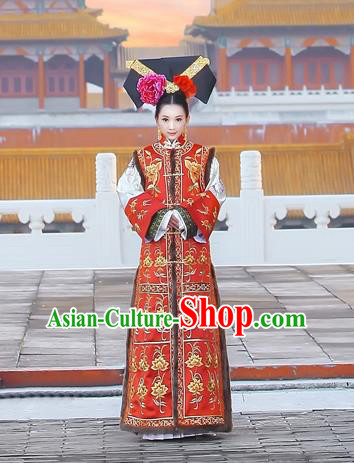 Traditional Ancient Chinese Imperial Consort Costume, Chinese Qing Dynasty Manchu Lady Dress, Chinese Mandarin Phoenix Robes Imperial Concubine Embroidered Clothing for Women