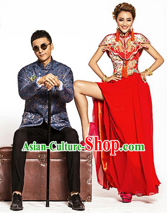 Traditional Ancient Chinese Costume Xiuhe Suits, Chinese Bride and Bridegroom Wedding Full Dress, Red Restoring Ancient Longfeng Dragon and Phoenix Flown Toast Cheongsam for Women for Men