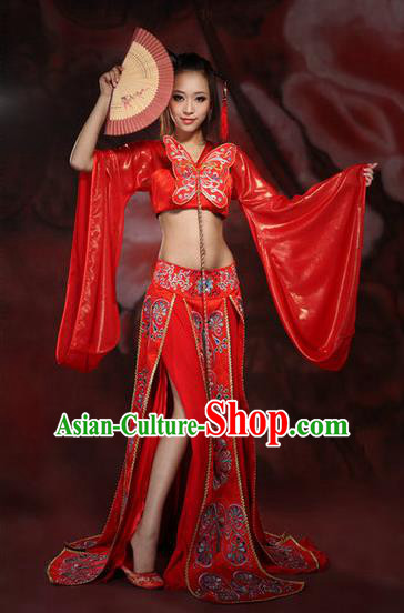 Traditional Ancient Chinese Imperial Consort Red Costume, Elegant Hanfu Clothing Chinese Tang Dynasty Imperial Emperess Sexy Tailing Embroidered Clothing for Women