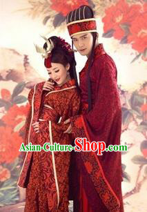 Traditional Ancient Chinese Imperial Emperess and Emperor Red Costume Complete Set, Chinese Han Dynasty Bride and Bridegroom Wedding Dress, Chinese Emperess Emperor Trailing Clothing for Women for Men
