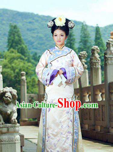 Traditional Ancient Chinese Imperial Consort Costume, Chinese Qing Dynasty Manchu Lady Dress and Vest, Chinese Mandarin Robes Imperial Concubine Embroidered Clothing for Women