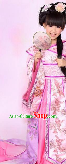 Traditional Ancient Chinese Imperial Consort Children Costume, Children Elegant Hanfu Clothing Chinese Tang Dynasty Imperial Concubine Pink Clothing for Kids