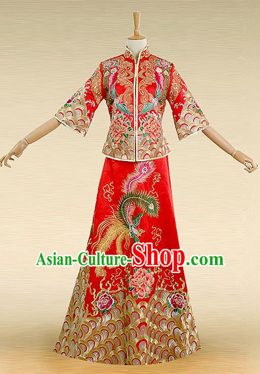 Traditional Ancient Chinese Costume Hot Fix Rhinestone Xiuhe Suits, Chinese Style Wedding Bride Fishtail Full Dress, Restoring Ancient Women Red Embroidered Dragon and Phoenix Slim Flown, Bride Toast Cheongsam for Women