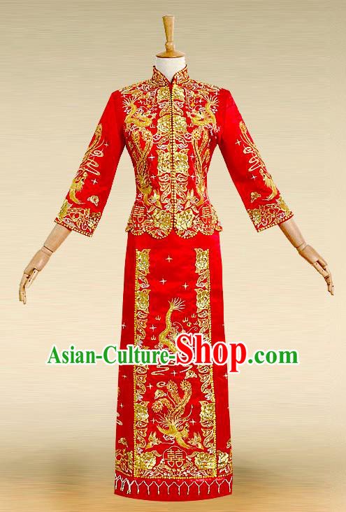 Traditional Ancient Chinese Costume Nail Bead Xiuhe Suits, Chinese Style Wedding Bride Full Dress, Restoring Ancient Women Red Embroidered Dragon and Phoenix Slim Flown, Bride Toast Cheongsam for Women