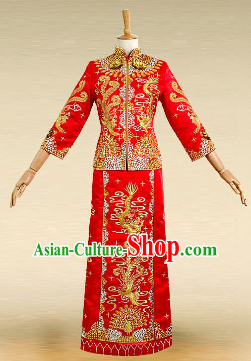 Traditional Ancient Chinese Costume Hot Fix Rhinestone Xiuhe Suits, Chinese Style Wedding Bride Full Dress, Restoring Ancient Women Red Embroidered Dragon and Phoenix Slim Flown, Bride Toast Cheongsam for Women