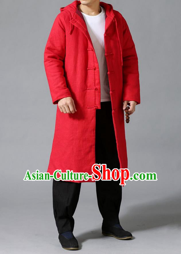 Top Chinese National Tang Suits Flax Frock Costume, Martial Arts Kung Fu Front Opening Red Coats, Kung fu Plate Buttons Unlined Upper Garment Hooded Robes, Chinese Taichi Cotton-Padded Dust Coats Wushu Clothing for Men