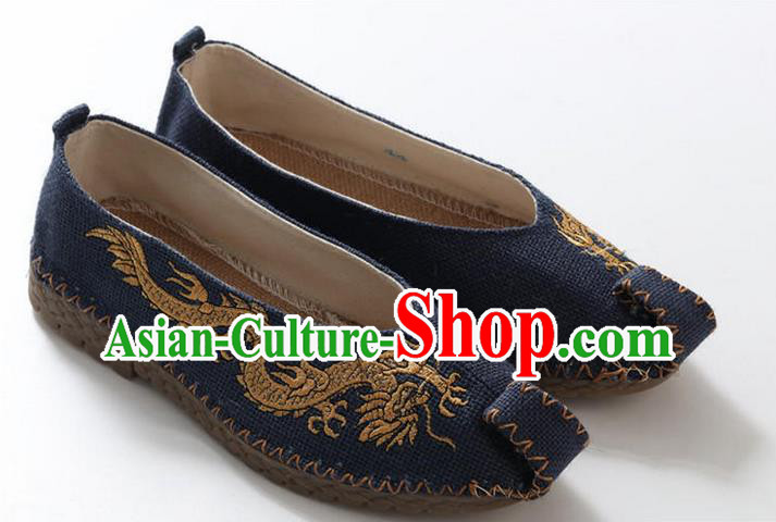 Traditional Top Chinese National Flax Frock Shoes, Martial Arts Kung Fu Embroidered Dragon Blue Cloth Shoes, Kung fu Chinese Taichi Shoes for Men