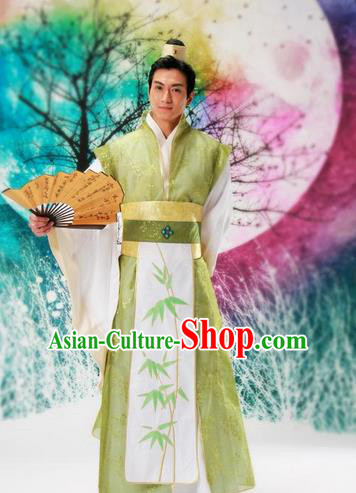 Traditional Ancient Chinese Nobility Childe Costume, Hanfu Dress Chinese Tang Dynasty Imperial Prince Embroidered Bamboo Leaf Clothing for Men