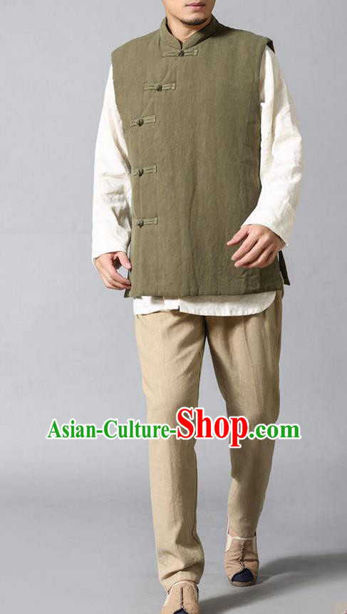 Traditional Top Chinese National Tang Suits Linen Frock Costume, Martial Arts Kung Fu Slant Opening Olive Green Vests, Kung fu Plate Buttons Waistcoat, Chinese Taichi Cotton-Padded Vest Wushu Clothing for Men