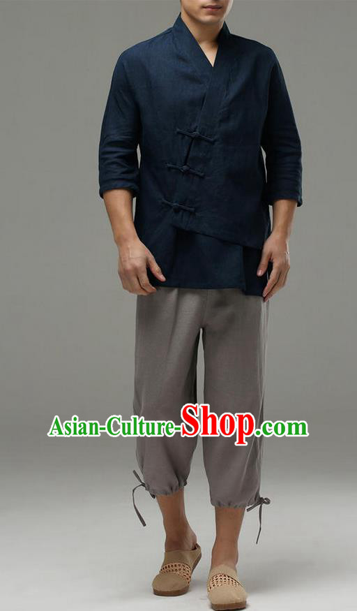Traditional Top Chinese National Tang Suits Linen Frock Costume, Martial Arts Kung Fu Slant Opening Sleeve Navy Blouse, Kung fu Plate Buttons Unlined Upper Garment, Chinese Taichi Shirts Wushu Clothing for Men