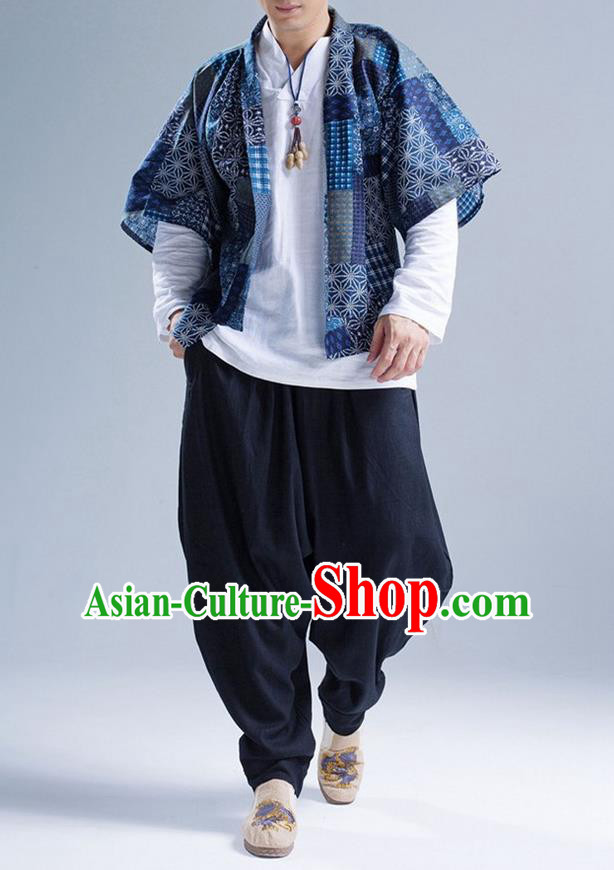 Traditional Top Chinese National Tang Suits Linen Frock Costume, Martial Arts Kung Fu Printing Blue Cardigan, Kung fu Thin Upper Outer Garment, Chinese Taichi Thin Coats Wushu Clothing for Men