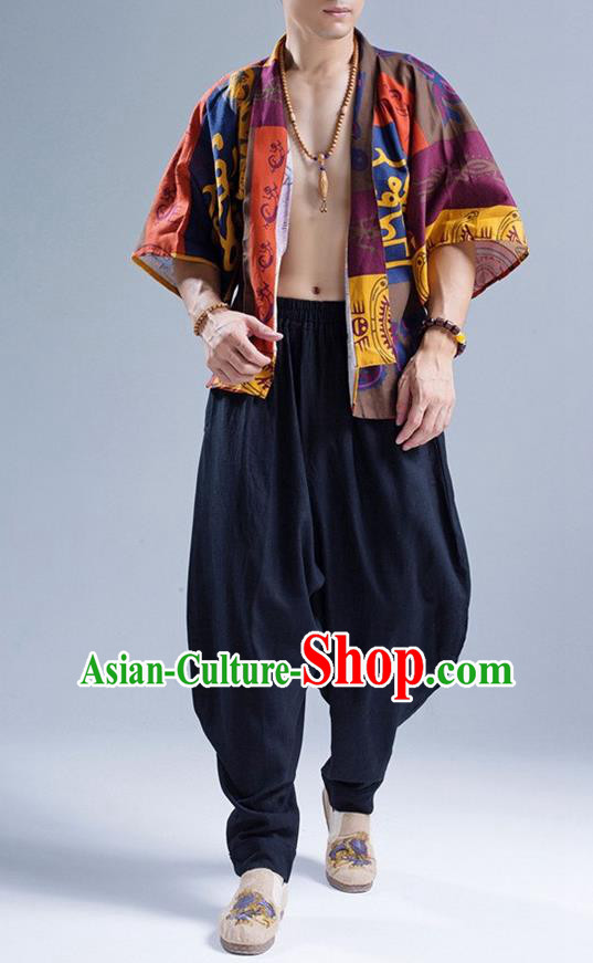 Traditional Top Chinese National Tang Suits Linen Frock Costume, Martial Arts Kung Fu Printing Rock Art Figure Cardigan, Kung fu Thin Upper Outer Garment, Chinese Taichi Thin Coats Wushu Clothing for Men