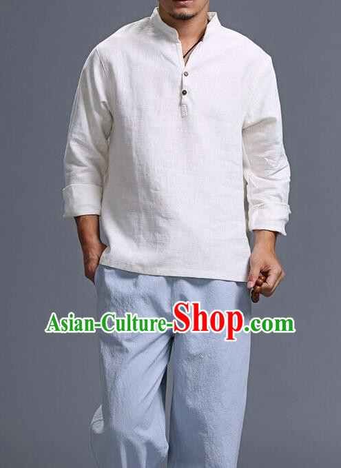 Traditional Top Chinese National Tang Suits Linen Frock Costume, Martial Arts Kung Fu Long Sleeve White T-Shirt, Kung fu Wood Button Upper Outer Garment, Chinese Taichi Shirts Wushu Clothing for Men