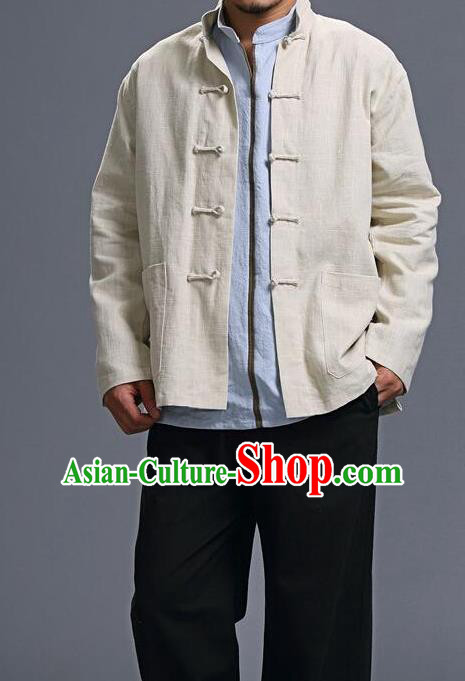 Traditional Top Chinese National Tang Suits Linen Costume, Martial Arts Kung Fu Front Opening Beige Coats, Kung fu Plate Buttons Jacket, Chinese Taichi Short Coats Wushu Clothing for Men
