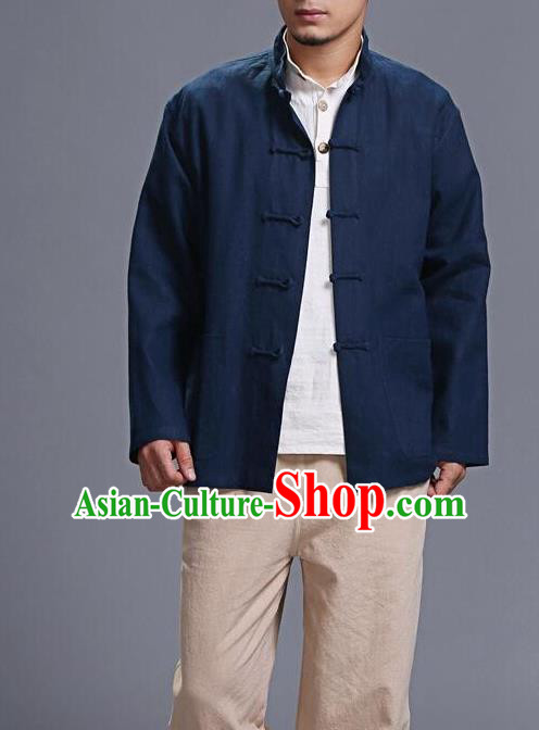 Traditional Top Chinese National Tang Suits Linen Costume, Martial Arts Kung Fu Front Opening Navy Coats, Kung fu Plate Buttons Jacket, Chinese Taichi Short Coats Wushu Clothing for Men