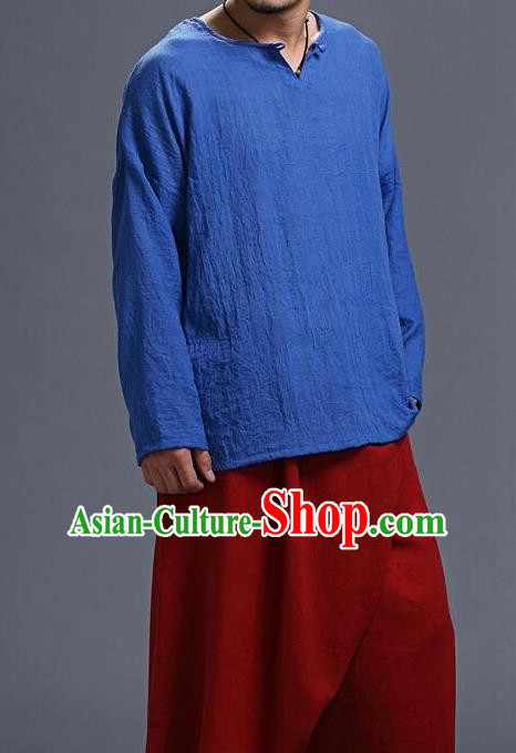 Traditional Top Chinese National Tang Suits Cotton Frock Costume, Martial Arts Kung Fu Long Sleeve Light Blue T-Shirt, Kung fu Unlined Upper Garment, Chinese Taichi Shirts Wushu Clothing for Men