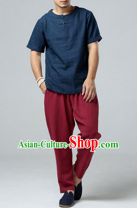 Traditional Top Chinese National Tang Suits Linen Frock Costume, Martial Arts Kung Fu Short Sleeve Navy T-Shirt, Kung fu Copper Buckle Upper Outer Garment, Chinese Taichi Shirts Wushu Clothing for Men