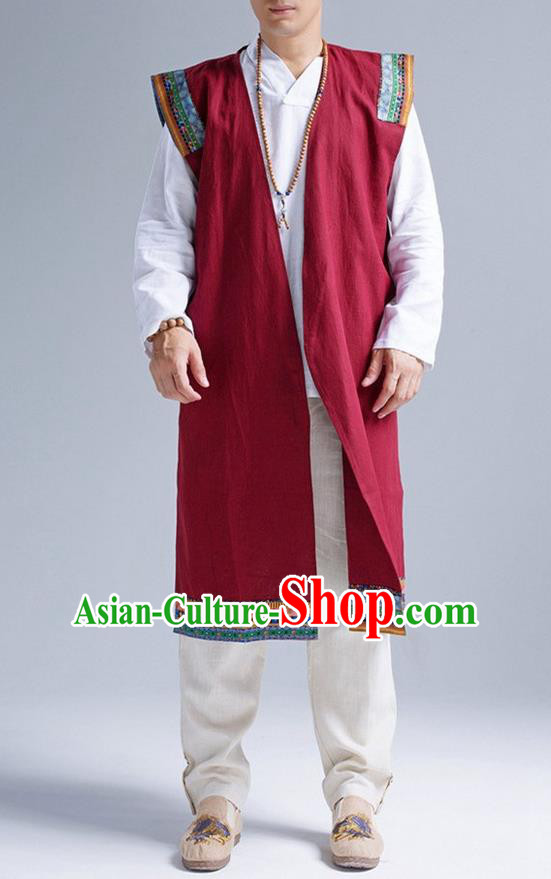 Traditional Top Chinese National Tang Suits Linen Frock Costume, Martial Arts Kung Fu Dark Red Embroidered Cardigan, Kung fu Unlined Upper Garment, Chinese Taichi Vest Coats Wushu Clothing for Men