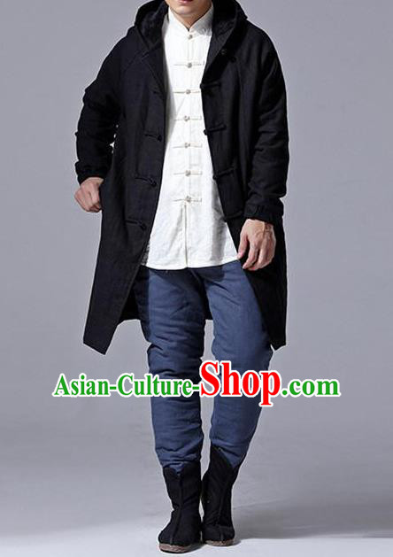 Traditional Top Chinese National Tang Suits Linen Costume, Martial Arts Kung Fu Front Opening Dark Black Add Wool Long Hooded Coats, Kung fu Plate Buttons Cotton-Padded Dust Coat, Chinese Taichi Coats Wushu Clothing for Men