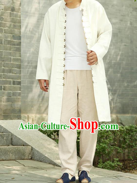 Traditional Top Chinese National Tang Suits Linen Costume, Martial Arts Kung Fu Front Opening White Long Coats, Kung fu Copper Buckle Jacket, Chinese Taichi Dust Coats Wushu Clothing for Men