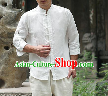 Traditional Top Chinese National Tang Suits Linen Frock Costume, Martial Arts Kung Fu Stand Collar White Shirt, Kung fu Plate Buttons Thin Upper Outer Garment Blouse, Chinese Taichi Thin Shirts Wushu Clothing for Men