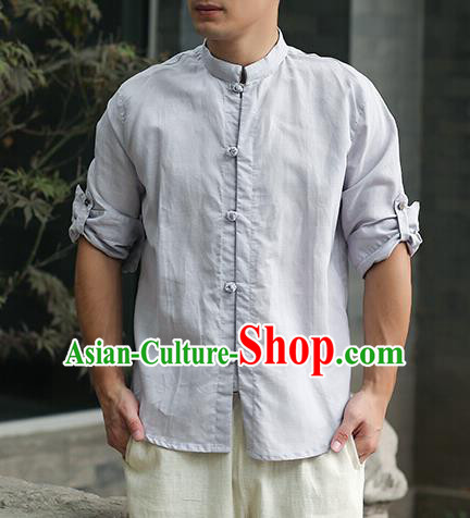 Traditional Top Chinese National Tang Suits Linen Frock Costume, Martial Arts Kung Fu Stand Collar Blue Shirt, Kung fu Plate Buttons Thin Upper Outer Garment Blouse, Chinese Taichi Thin Shirts Wushu Clothing for Men