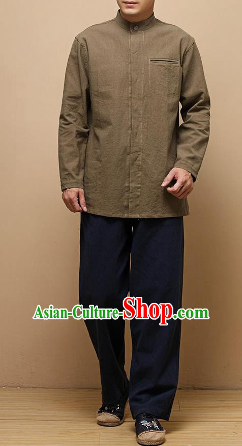 Traditional Top Chinese National Tang Suits Linen Frock Costume, Martial Arts Kung Fu Chinese Tunic Suit Brown Shirt, Sun Yat Sen Suit Thin Upper Outer Garment Blouse, Chinese Taichi Thin Shirts Wushu Clothing for Men