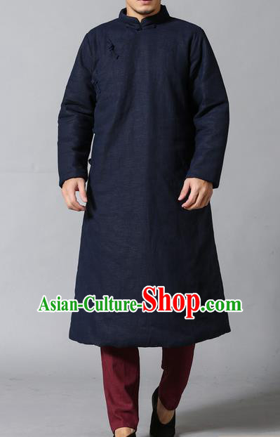 Traditional Top Chinese National Tang Suits Linen Frock Costume, Martial Arts Kung Fu Slant Opening Navy Hanfu Long Gown, Kung fu Plate Buttons Upper Outer Garment Coat, Chinese Taichi Cotton-Padded Robes Wushu Clothing for Men