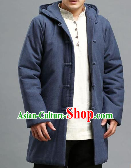 Traditional Top Chinese National Tang Suits Linen Costume, Martial Arts Kung Fu Front Opening Navy Hooded Coats, Chinese Kung fu Plate Buttons Jacket, Chinese Taichi Cotton-Padded Short Coats Wushu Clothing for Men