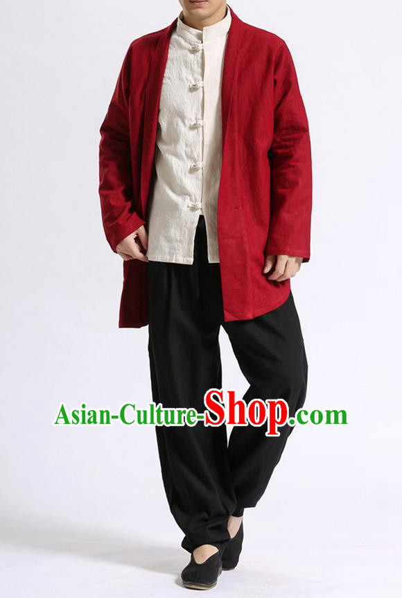Traditional Top Chinese National Tang Suits Linen Costume, Martial Arts Kung Fu Dark Red Cardigan, Chinese Kung fu Thin Upper Outer Garment Overcoats, Chinese Taichi Thin Coats Wushu Clothing for Men