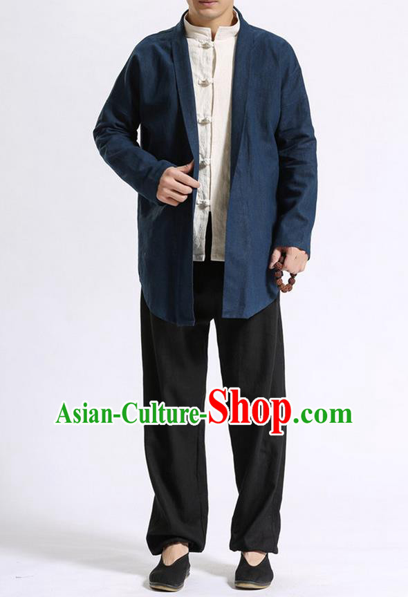 Traditional Top Chinese National Tang Suits Linen Costume, Martial Arts Kung Fu Navy Cardigan, Chinese Kung fu Thin Upper Outer Garment Overcoats, Chinese Taichi Thin Coats Wushu Clothing for Men