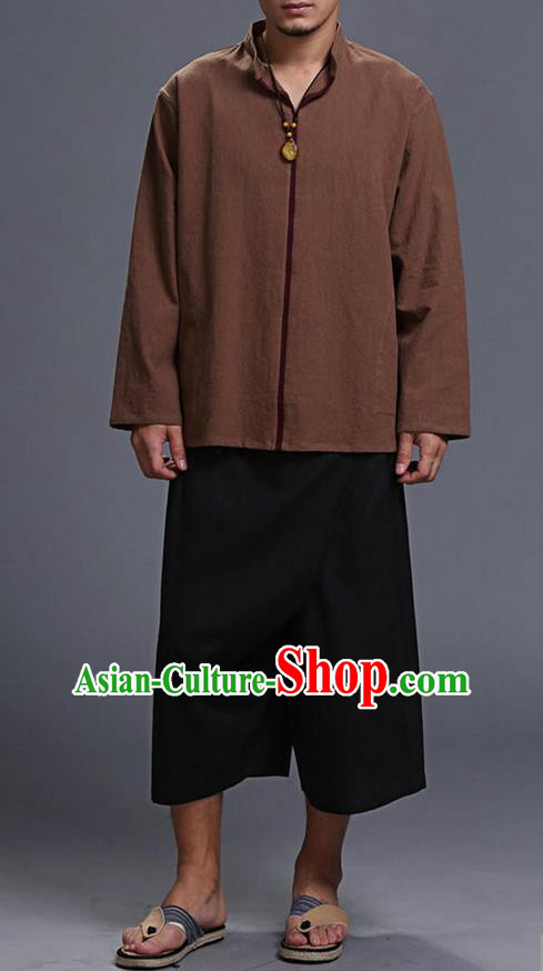 Traditional Top Chinese National Tang Suits Linen Costume, Martial Arts Kung Fu Stand Collar Long Sleeve Brown Overcoat, Chinese Kung fu Upper Outer Garment Blouse, Chinese Taichi Thin Shirts Wushu Clothing for Men