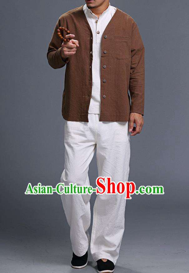 Traditional Top Chinese National Tang Suits Linen Costume, Martial Arts Kung Fu Long Sleeve Coffee Overcoat, Chinese Kung fu Upper Outer Garment Jacket, Chinese Taichi Thin Short Cardigan Wushu Clothing for Men