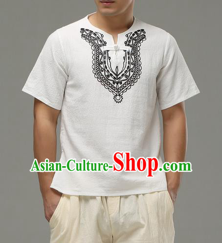 Traditional Top Chinese National Tang Suits Linen Costume, Martial Arts Kung Fu Embroidery Short Sleeve White T-Shirt, Chinese Kung fu Plate Buttons Upper Outer Garment Blouse, Chinese Taichi Thin Shirts Wushu Clothing for Men