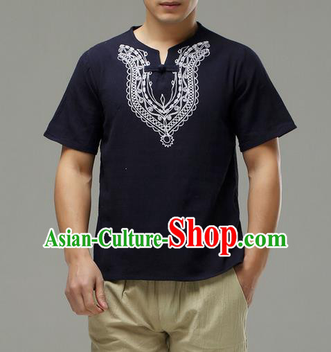 Traditional Top Chinese National Tang Suits Linen Costume, Martial Arts Kung Fu Embroidery Short Sleeve Navy T-Shirt, Chinese Kung fu Plate Buttons Upper Outer Garment Blouse, Chinese Taichi Thin Shirts Wushu Clothing for Men