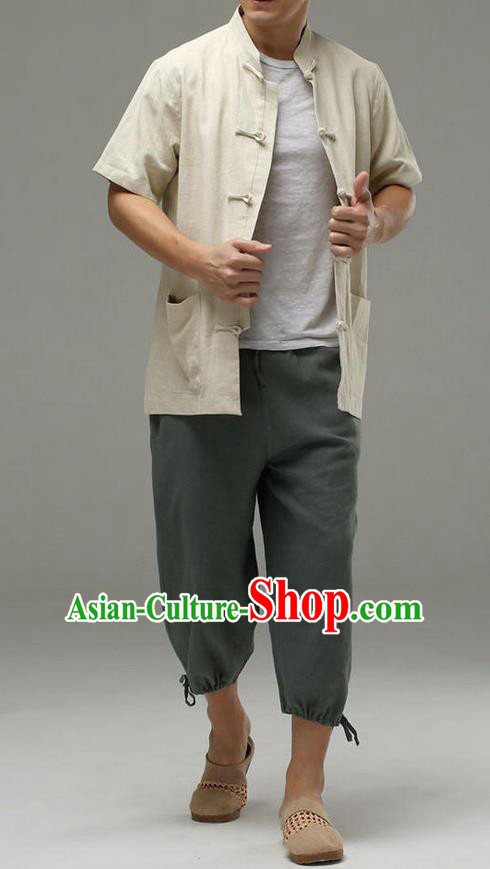 Traditional Top Chinese National Tang Suits Linen Front Opening Costume, Martial Arts Kung Fu Embroidery Short Sleeve Beige Shirt, Chinese Kung fu Plate Buttons Upper Outer Garment Blouse, Chinese Taichi Thin Shirts Wushu Clothing for Men