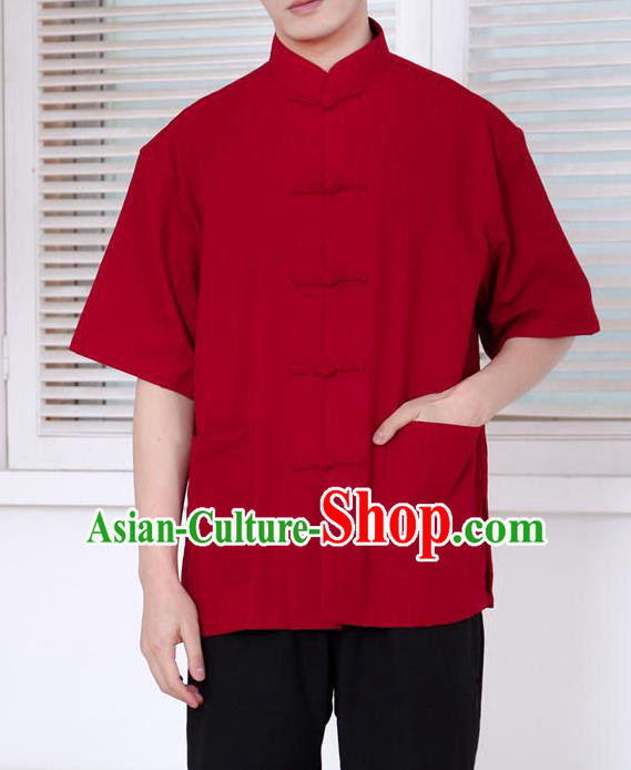 Traditional Top Chinese National Tang Suits Linen Front Opening Costume, Martial Arts Kung Fu Embroidery Short Sleeve Red Shirt, Chinese Kung fu Plate Buttons Upper Outer Garment Blouse, Chinese Taichi Thin Shirts Wushu Clothing for Men