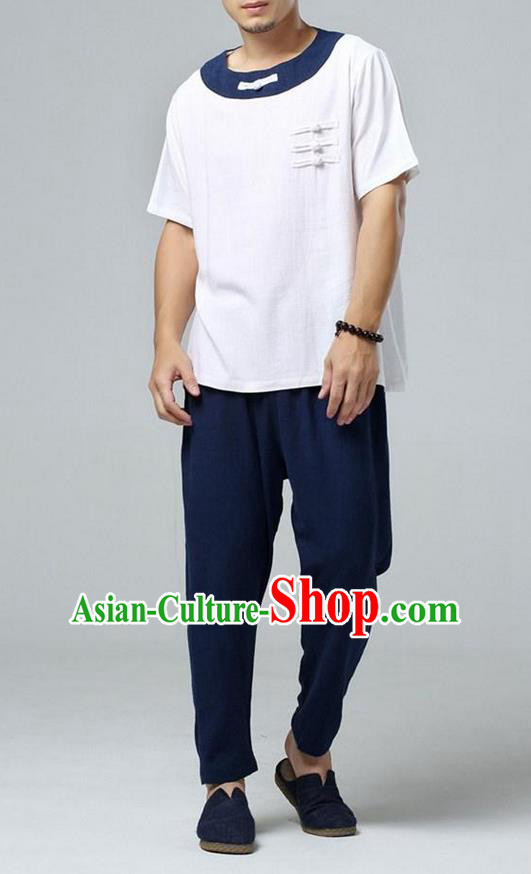 Traditional Top Chinese National Tang Suits Linen Costume, Martial Arts Kung Fu Short Sleeve White Gored Shirt, Chinese Kung fu Plate Buttons Upper Outer Garment Blouse, Chinese Taichi Thin Shirts Wushu Clothing for Men