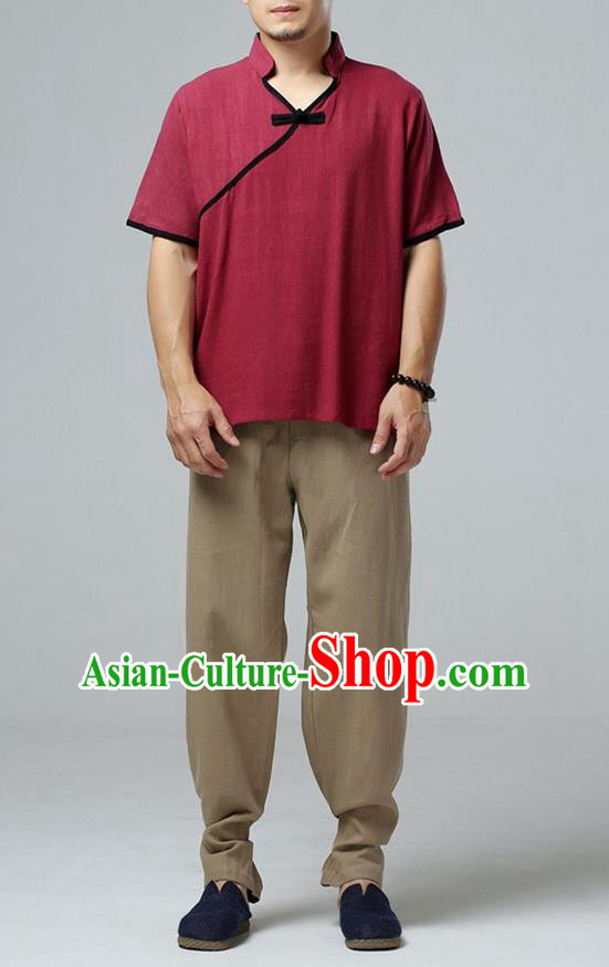 Traditional Top Chinese National Tang Suits Linen Slant Opening Costume, Martial Arts Kung Fu Short Sleeve Red Shirt, Chinese Kung fu Plate Buttons Upper Outer Garment Blouse, Chinese Taichi Thin Shirts Wushu Clothing for Men