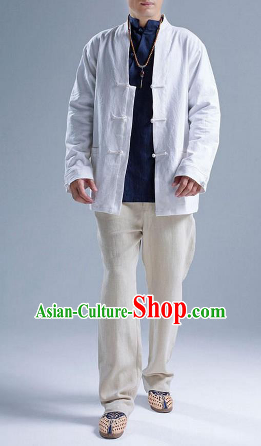Traditional Top Chinese National Tang Suits Linen Front Opening Costume, Martial Arts Kung Fu White Coats, Chinese Kung fu Plate Buttons Jacket, Chinese Taichi Short Coats Wushu Cardigan Clothing for Men