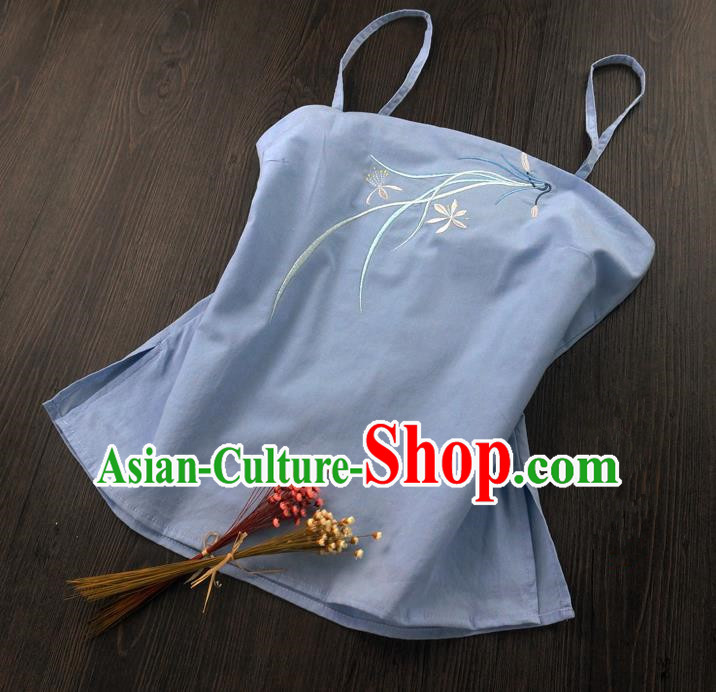 Traditional Ancient Chinese Costume Sun-Top, Elegant Hanfu Boob Tube Top Clothing Chinese Han Dynasty Embroidery Chlorophytum comosum Skyblue Condole Belt for Women