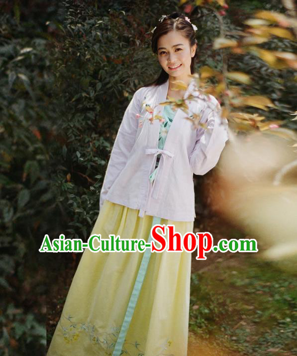 Traditional Ancient Chinese Female Costume Blouse and Dress Complete Set, Elegant Hanfu Front Opening Clothing Chinese Ming Dynasty Palace Lady Embroidered Gardenia Clothing for Women