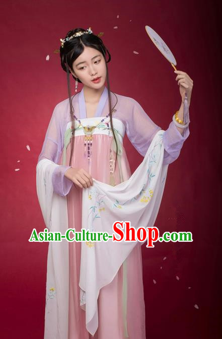 Traditional Ancient Chinese Female Costume Blouse and Dress Complete Set, Elegant Hanfu Clothing Chinese Ming Dynasty Palace Lady Embroidered Orchid Clothing for Women