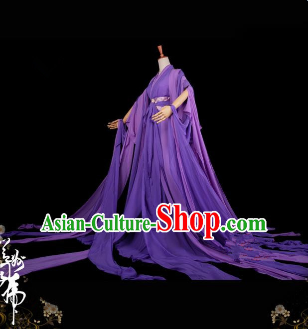 Traditional Asian Chinese Ancient Palace Princess Costume, Elegant Hanfu Water Sleeve Violet Dress, Chinese Imperial Princess Tailing Clothing, Chinese Cosplay Fairy Princess Empress Queen Cosplay Costumes for Women