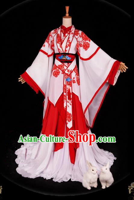 Traditional Ancient Chinese Imperial Consort Costume, Elegant Hanfu Ink Painting Dress Chinese Tang Dynasty Imperial Empress Printing Flowers Tailing Clothing for Women