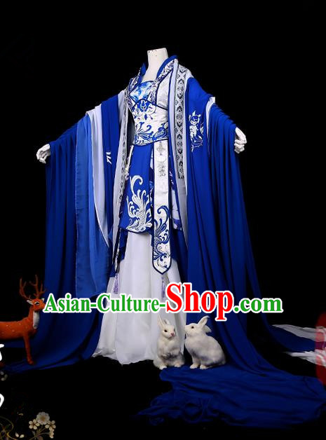 Traditional Ancient Chinese Swordsman Costume, Elegant Hanfu Cosplay Fairy Deep Blue Wide Sleeve Dress Chinese Han Dynasty Imperial Empress Printing Phoenix Tailing Clothing for Women